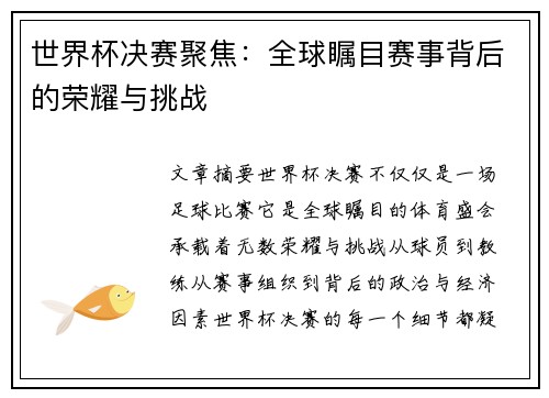世界杯决赛聚焦：全球瞩目赛事背后的荣耀与挑战